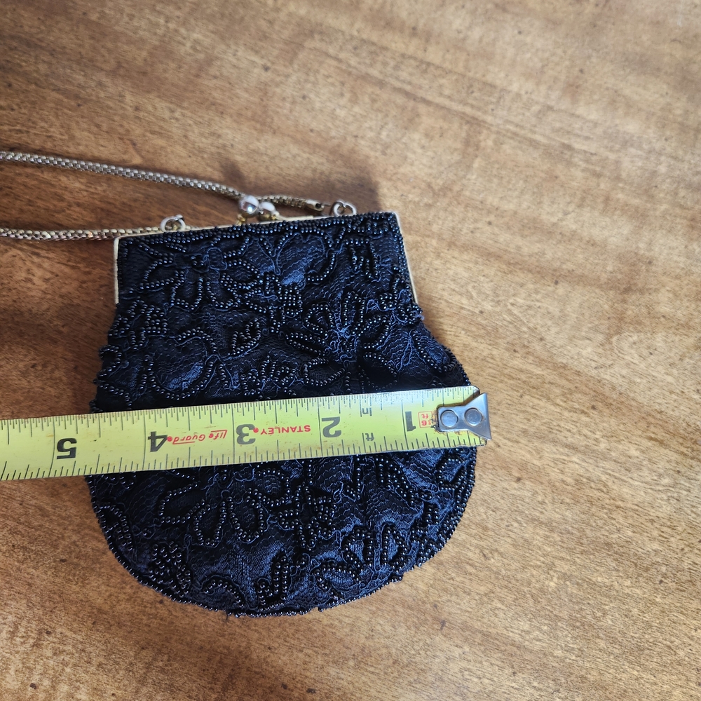 Vintage La Regale Kiss Lock Clam Shell Black Beaded Floral Evening Bag W Chain - Picture 9 of 14